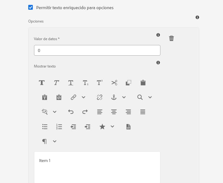 Compatibilidad del texto enriquecido con las opciones