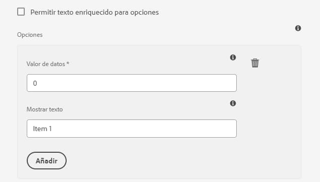 Compatibilidad del texto enriquecido con las opciones