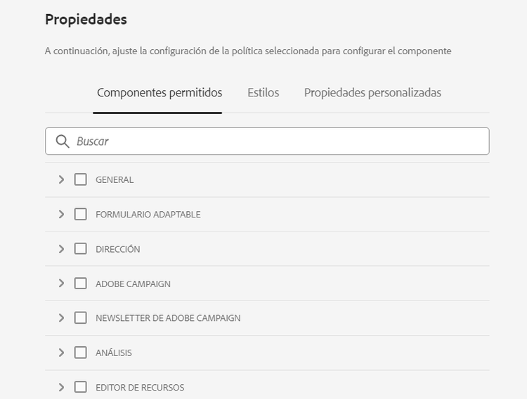 Pestaña Componentes permitidos