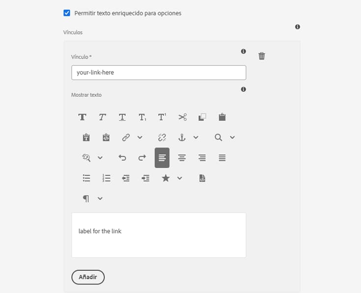 Compatibilidad del texto enriquecido con las opciones
