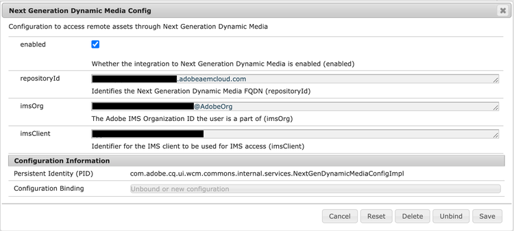 Ventana de configuración OSGi de la configuración de Dynamic Media de próxima generación