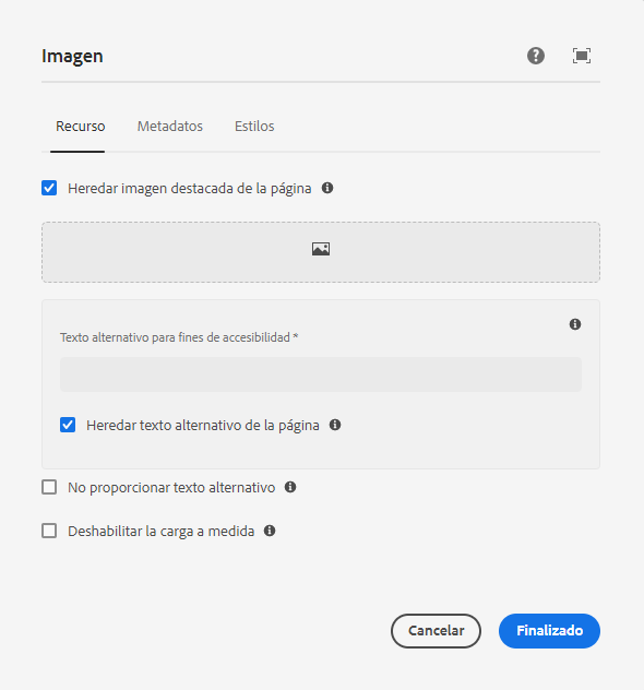 Pestaña Recurso del cuadro de diálogo de configuración del componente Imagen de correo electrónico