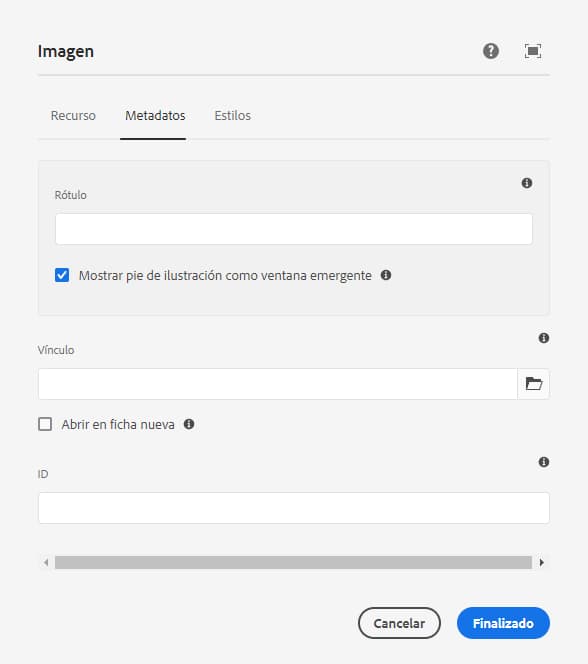 Pestaña de metadatos del cuadro de diálogo de configuración del componente de imagen