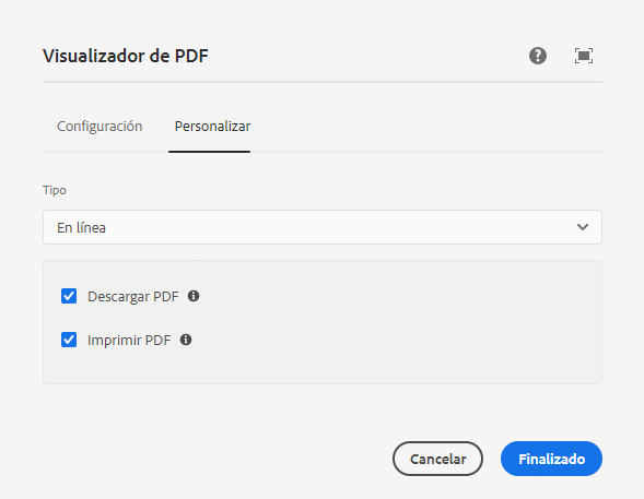 La opción Personalizar contenedor de tamaño de pestaña del cuadro de diálogo de edición del componente visualizador de PDF