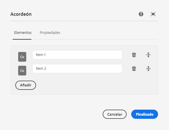 Pestaña Elementos del cuadro de diálogo de edición del componente Acordeón