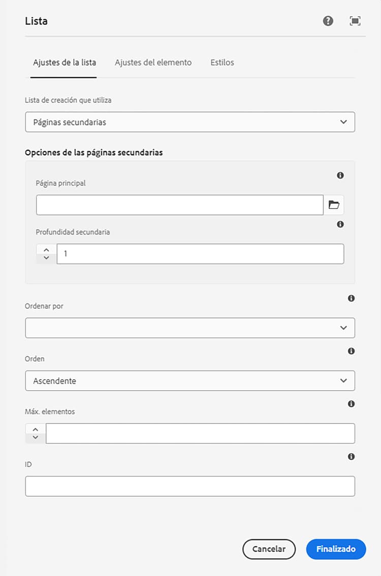 Cuadro de diálogo de edición del componente Lista