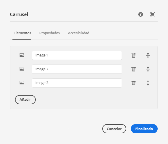 Pestaña Elementos del cuadro de diálogo de edición del componente Carrusel