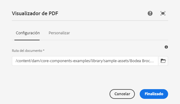 Pestaña Configuración del cuadro de diálogo de edición del componente Visualizador de PDF