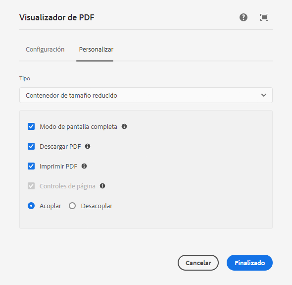 La opción Personalizar contenedor de tamaño de pestaña del cuadro de diálogo de edición del componente visualizador de PDF