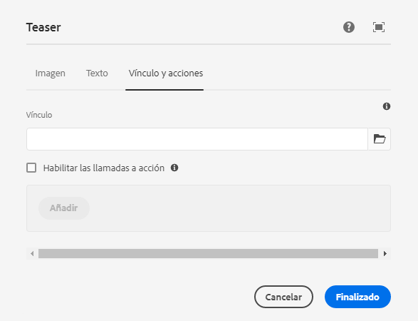 Pestaña vincular del cuadro de diálogo de edición del componente Teaser