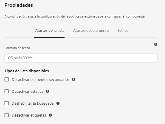 Configuración de la lista de cuadros de diálogo de diseño del componente Lista