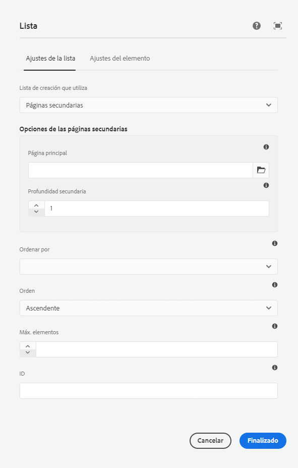 Cuadro de diálogo de edición del componente Lista