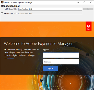 Proporcione Experience Manager credenciales del servidor en la pantalla de inicio de sesión de Experience Manager aplicación de escritorio
