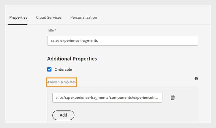 agregar detalles de configuración de nube en las propiedades de la carpeta