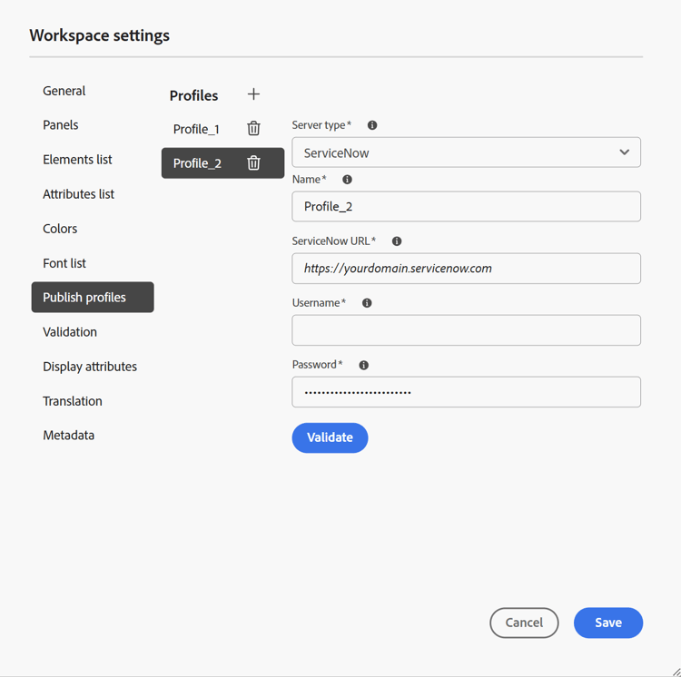Perfil de publicación ServiceNow