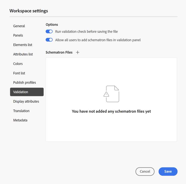 Validación en la configuración del área de trabajo