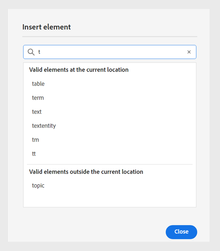 Cuadro de diálogo Insertar elemento