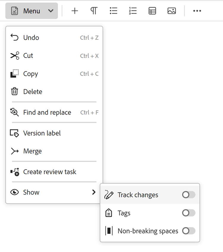 Menú desplegable para la barra de herramientas del editor