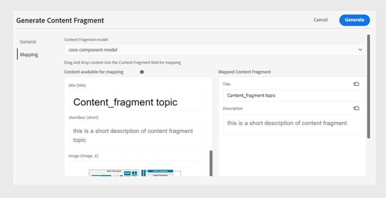 Agregue el modelo de fragmento y los detalles de asignación en el cuadro de diálogo Publicar como fragmento de contenido
