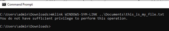 Imagen del símbolo del sistema de Windows que muestra el comando con errores debido a permisos