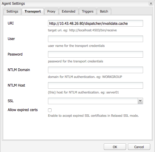 Captura de pantalla de la ficha de transporte del agente de replicación. Esto muestra el URI para publicar solicitudes de vaciado en. /dispatcher/invalidate.cache