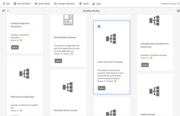 Seleccione el modelo de flujo de trabajo de procesamiento de Assets Cloud Post