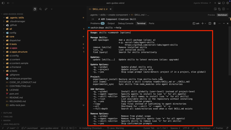 Revisar los comandos de aptitudes disponibles