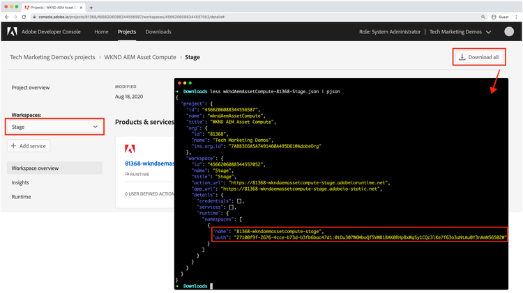 Adobe Developer Console - Espacio de nombres y autenticación de tiempo de ejecución de AIO