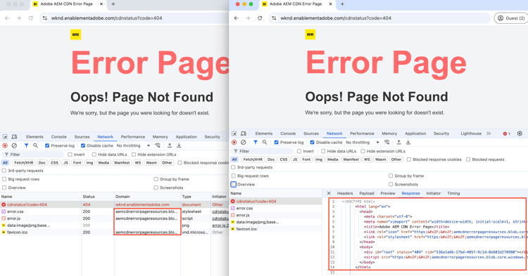 Ficha Red de página de error de CDN