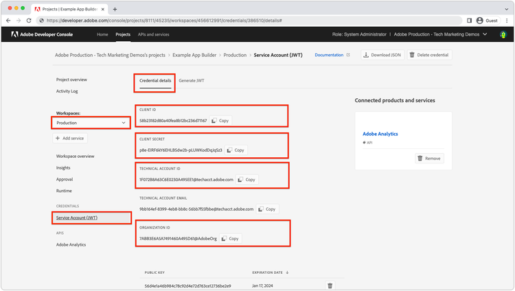 Credenciales del servicio JWT de Adobe Developer Console