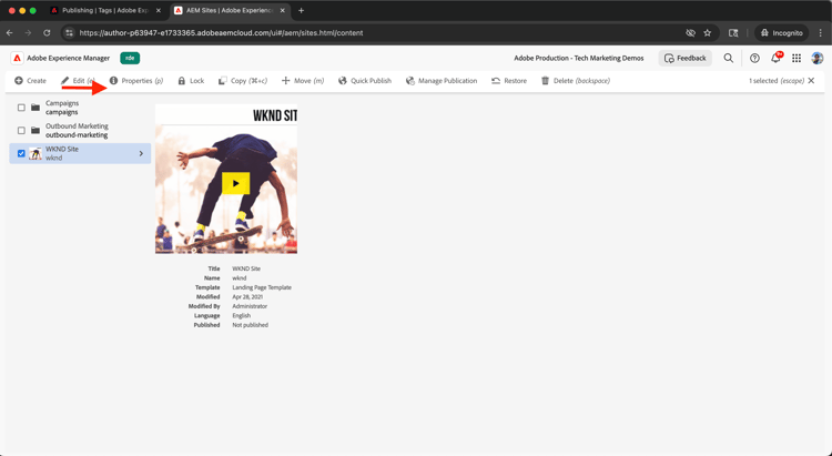 Propiedades del sitio AEM