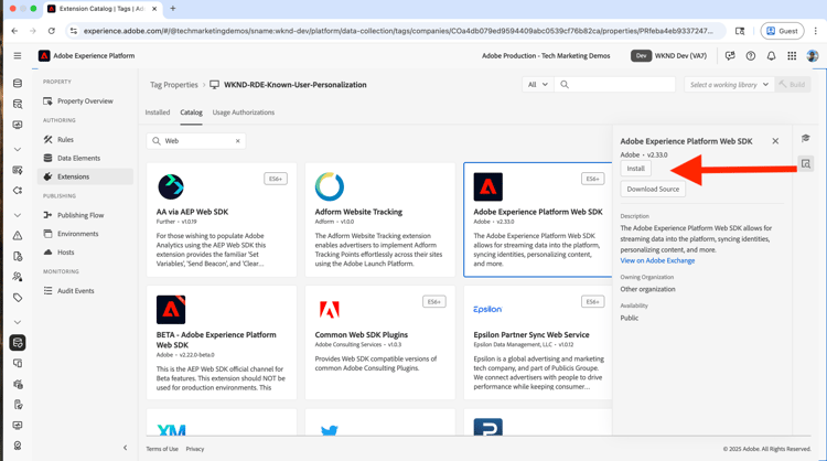 Instalar extensión de Web SDK
