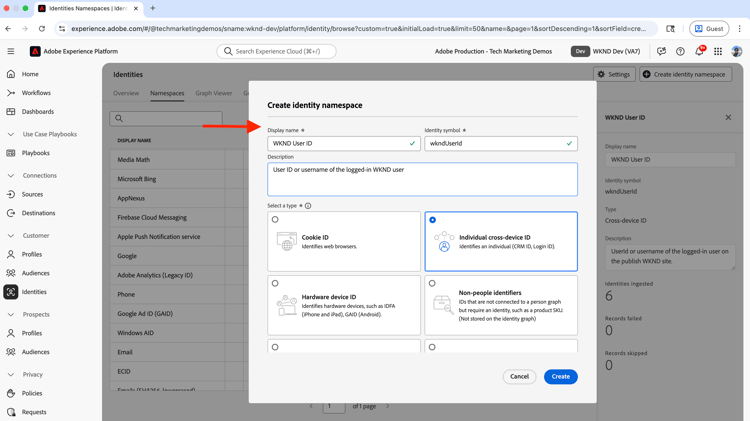 Crear área de nombres de identidad