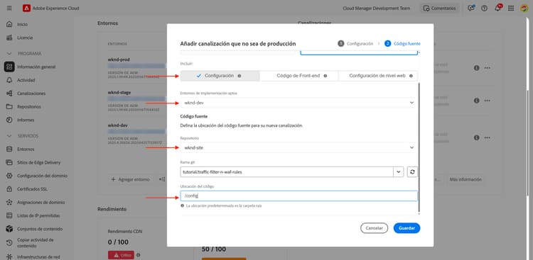 Cuadro de diálogo de canalización de configuración de Cloud Manager