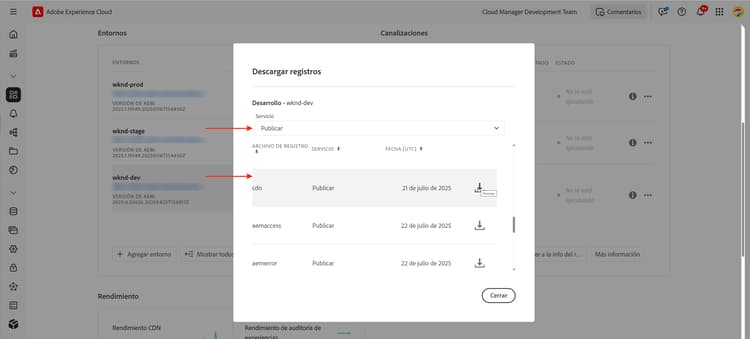 Descargas de registros de CDN de Cloud Manager