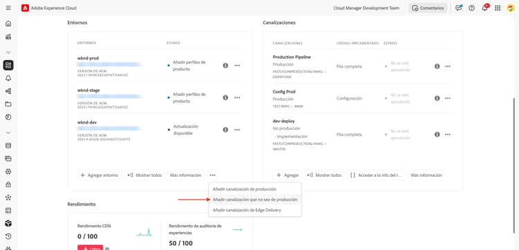 Tarjeta de canalizaciones de Cloud Manager
