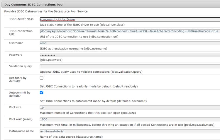 Configuración OSGi del grupo de conexión JDBC