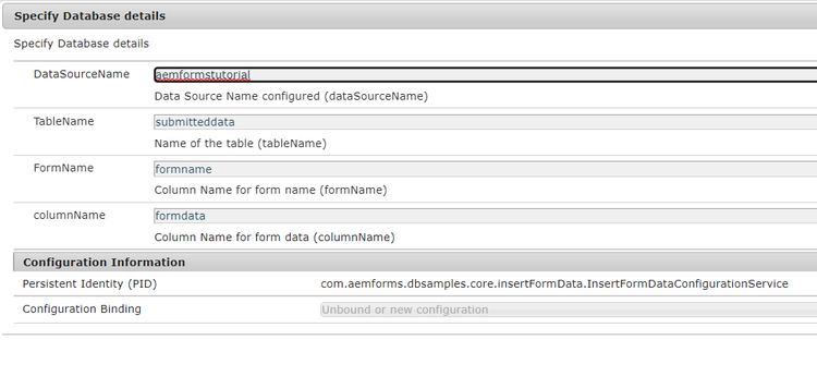 Especificar detalles de la base de datos para la configuración OSGi