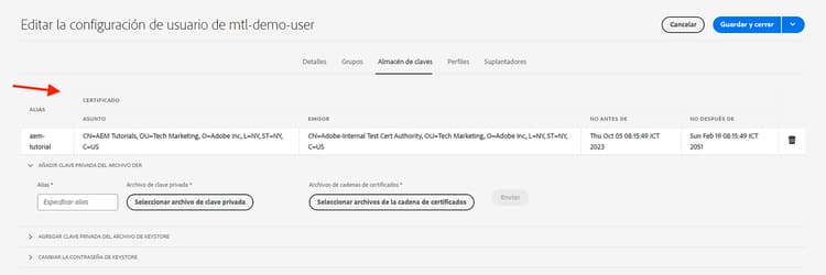 Clave privada de AEM y certificados importados