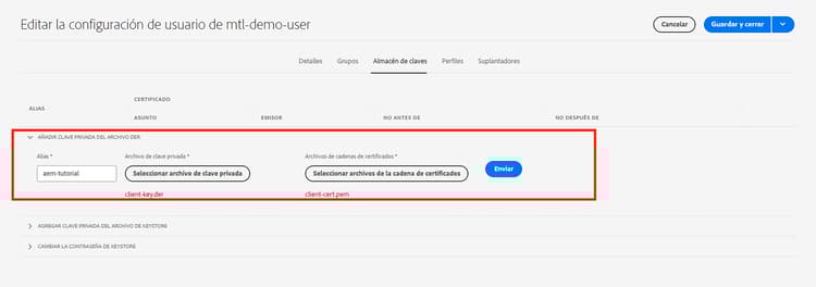 Importar clave privada de AEM