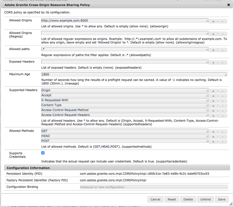 Configuración OSGi de la política de uso compartido de recursos de origen cruzado de Adobe Granite