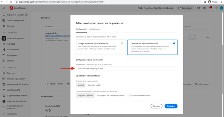 Cambiar nombre de canalización