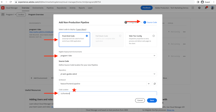 Crear código Source de canalización front-end