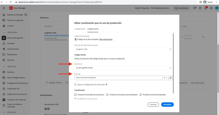 Canalización de configuración de código fuente