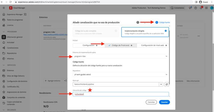 Crear código fuente de canalización front-end