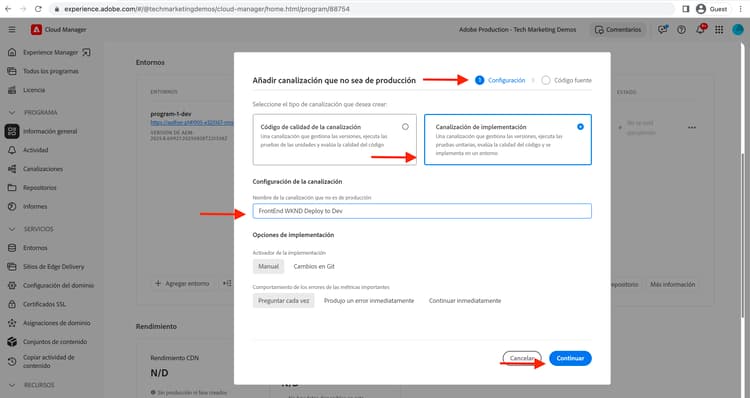 Crear configuraciones de canalización front-end