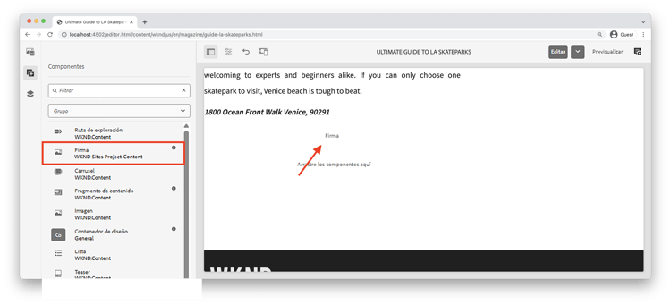 añadir componente de firma a la página