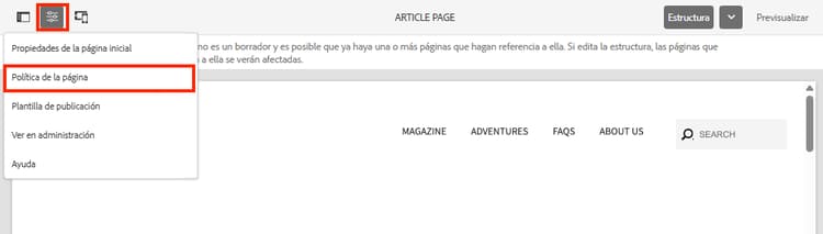 Directiva de página de menú de plantilla de artículo