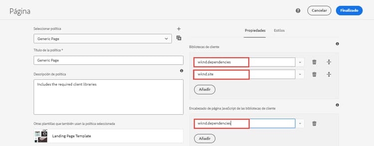 Directiva de página de menú de plantilla de página de artículo