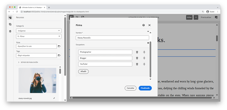 rellenar propiedades del componente de firma